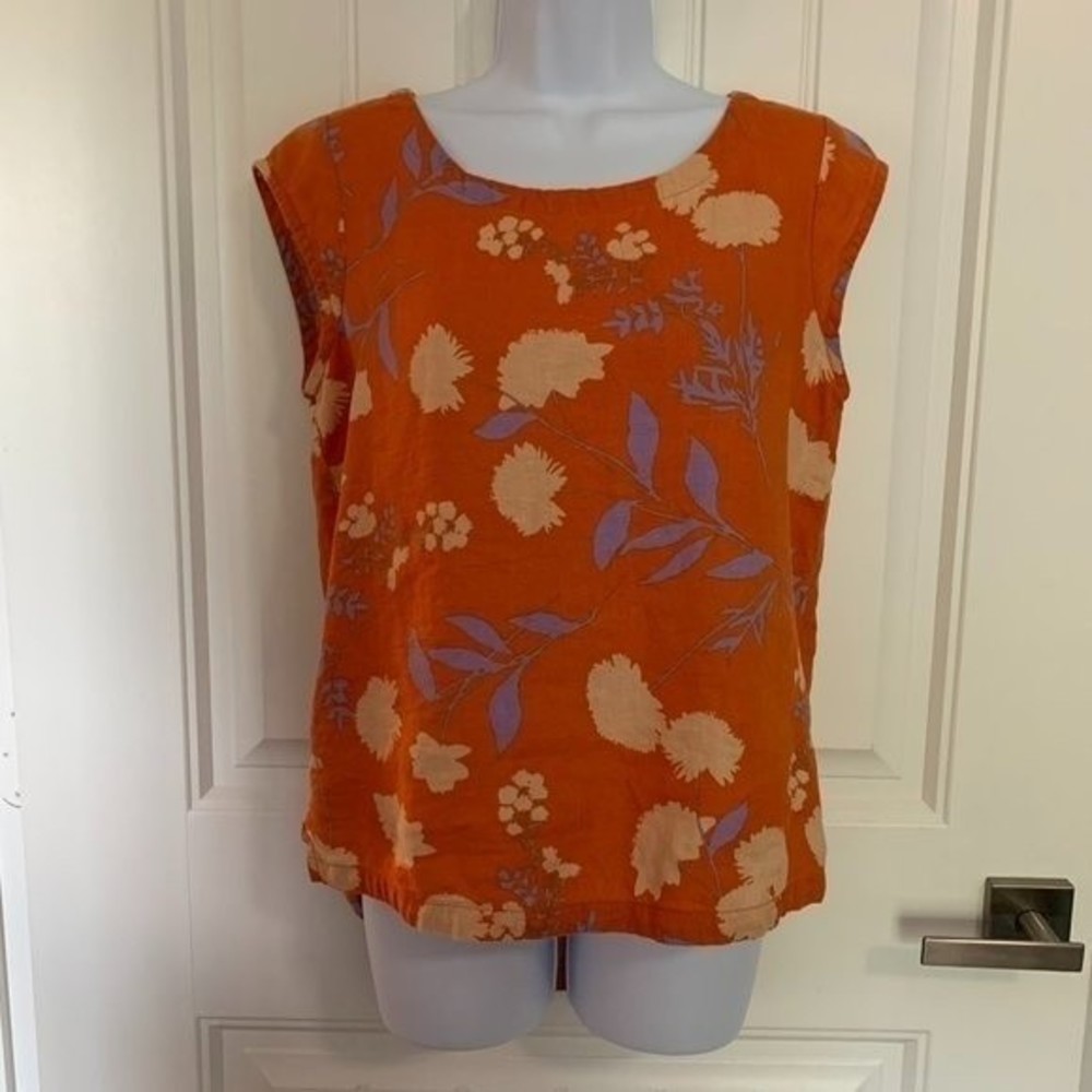 Rachael Zoe Top Blouse Small Linen Floral Lagenlook Orange Boho